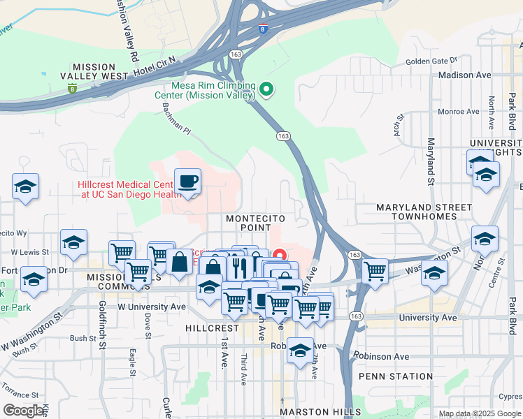 map of restaurants, bars, coffee shops, grocery stores, and more near 318 Arbor Drive in San Diego