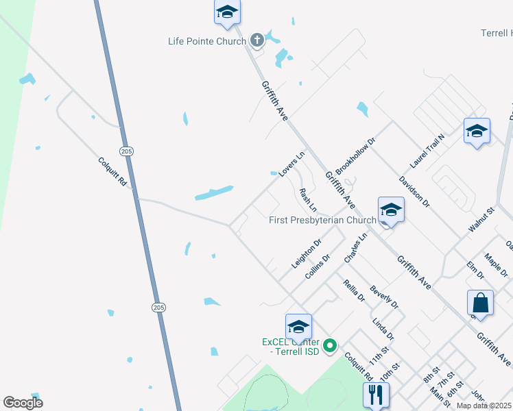map of restaurants, bars, coffee shops, grocery stores, and more near 103 Lovers Lane in Terrell