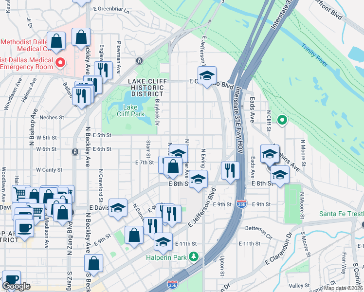 map of restaurants, bars, coffee shops, grocery stores, and more near 625 East 6th Street in Dallas