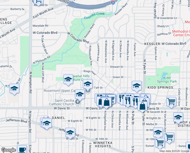 map of restaurants, bars, coffee shops, grocery stores, and more near 1526 Kings Highway in Dallas