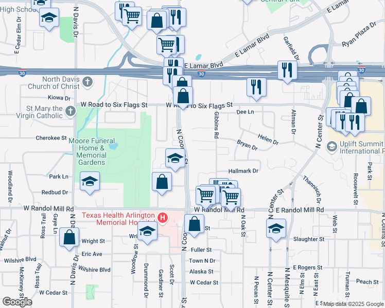 map of restaurants, bars, coffee shops, grocery stores, and more near 1315 North Cooper Street in Arlington