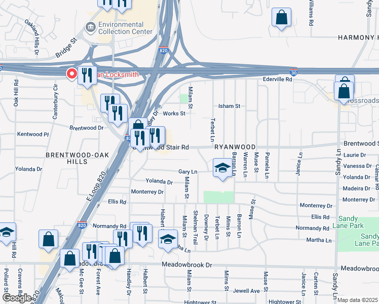 map of restaurants, bars, coffee shops, grocery stores, and more near 1704 Downey Drive in Fort Worth