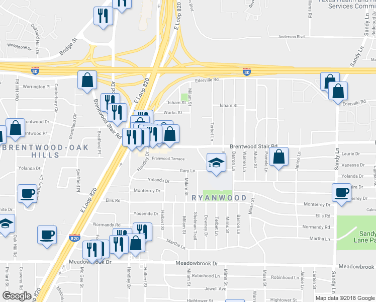 map of restaurants, bars, coffee shops, grocery stores, and more near 6814 Brentwood Stair Road in Fort Worth