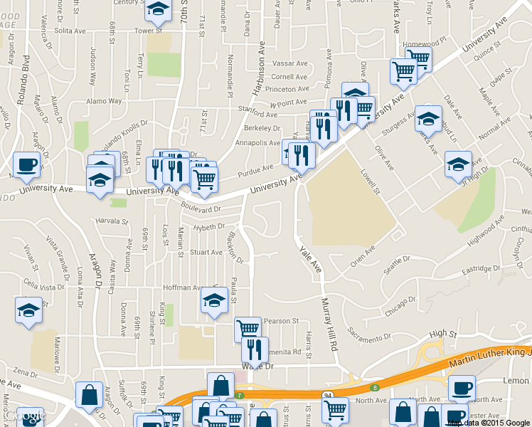 map of restaurants, bars, coffee shops, grocery stores, and more near 4215 Blackton Drive in La Mesa