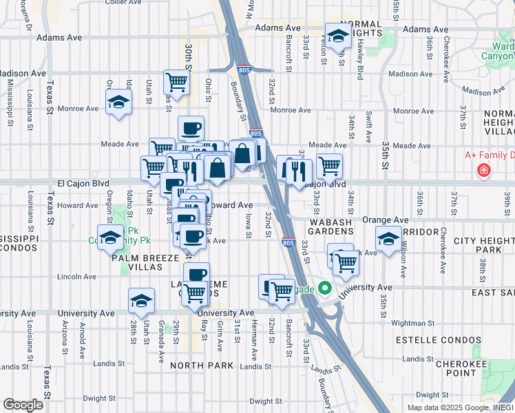 map of restaurants, bars, coffee shops, grocery stores, and more near 3167 Howard Avenue in San Diego