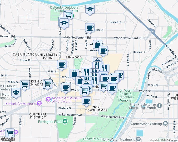map of restaurants, bars, coffee shops, grocery stores, and more near 2720 Merrimac St in Fort Worth