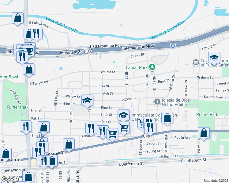 map of restaurants, bars, coffee shops, grocery stores, and more near 1638 Ash Street in Grand Prairie