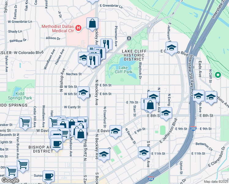 map of restaurants, bars, coffee shops, grocery stores, and more near 233 East 6th Street in Dallas