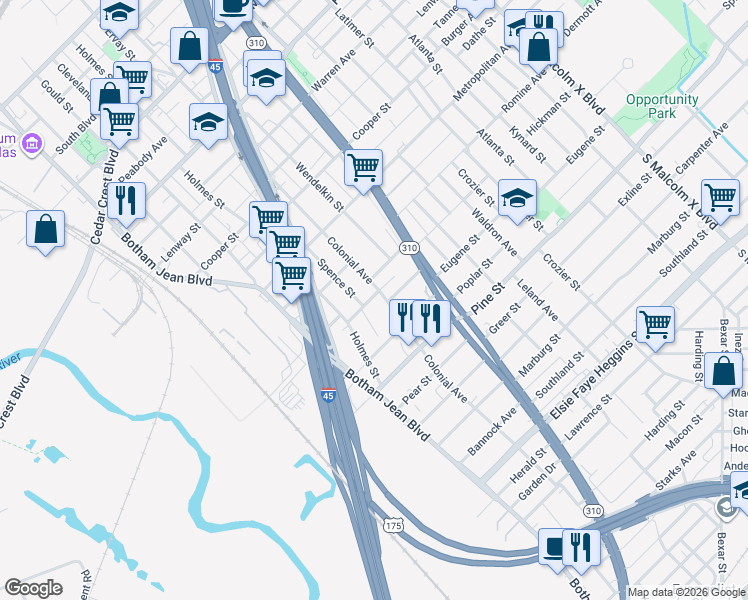 map of restaurants, bars, coffee shops, grocery stores, and more near 3901 Colonial Avenue in Dallas