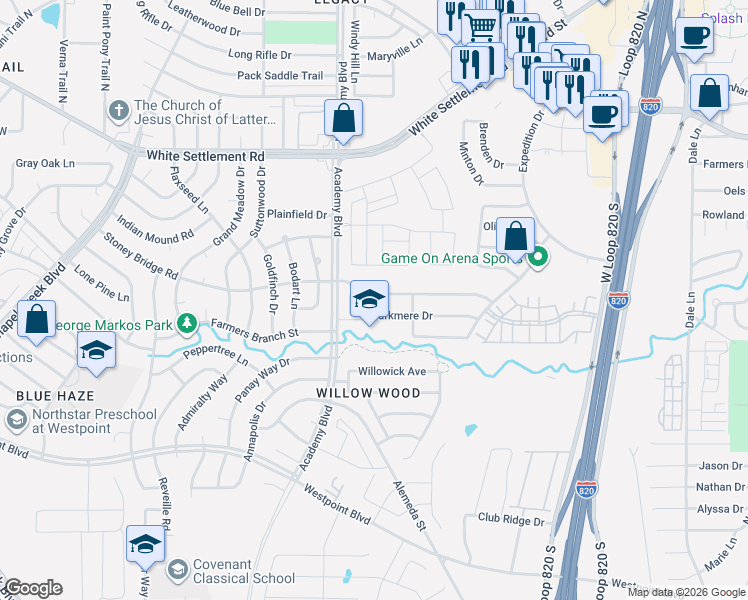 map of restaurants, bars, coffee shops, grocery stores, and more near 9837 Stoney Bridge Road in Fort Worth