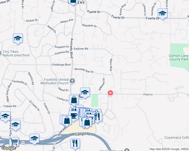 map of restaurants, bars, coffee shops, grocery stores, and more near 4123 Palm Tree Court in La Mesa