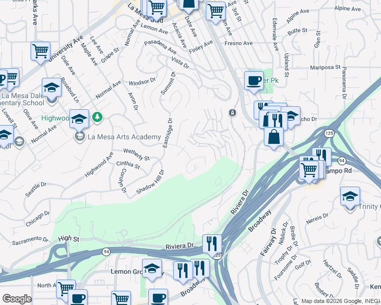 map of restaurants, bars, coffee shops, grocery stores, and more near 8160 Cinnabar Drive in La Mesa