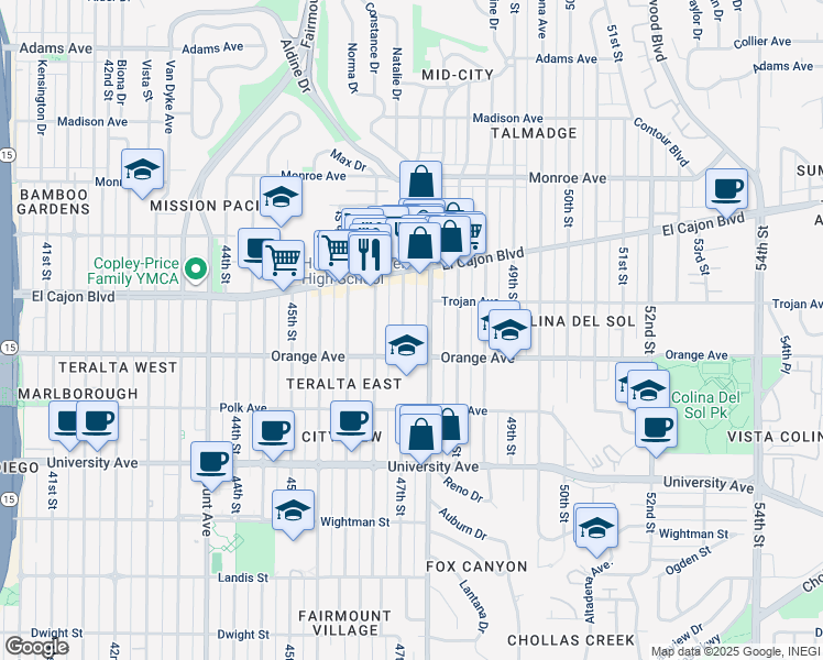 map of restaurants, bars, coffee shops, grocery stores, and more near 4233 47th Street in San Diego