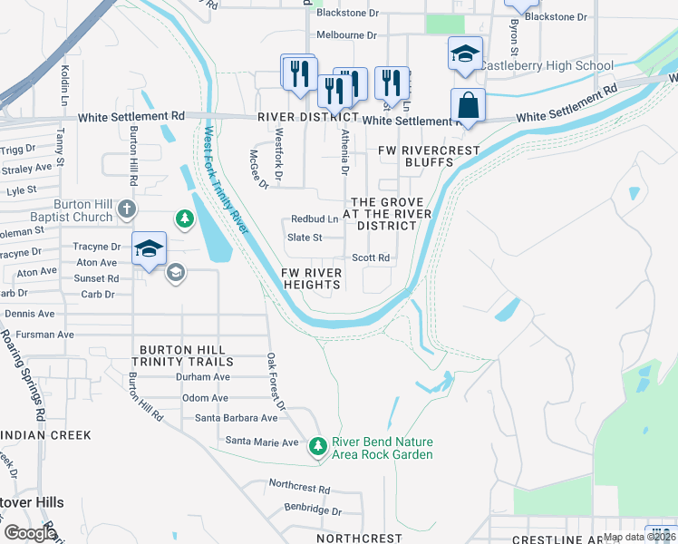 map of restaurants, bars, coffee shops, grocery stores, and more near 513 Sheer Bliss Lane in Fort Worth