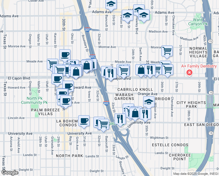 map of restaurants, bars, coffee shops, grocery stores, and more near 3259 Bramson Place in San Diego