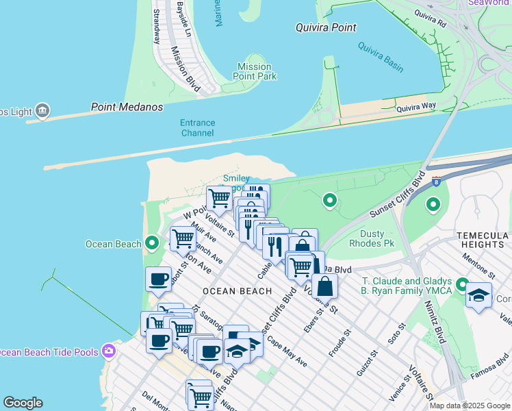 map of restaurants, bars, coffee shops, grocery stores, and more near 5038-40 West Point Loma Boulevard in San Diego
