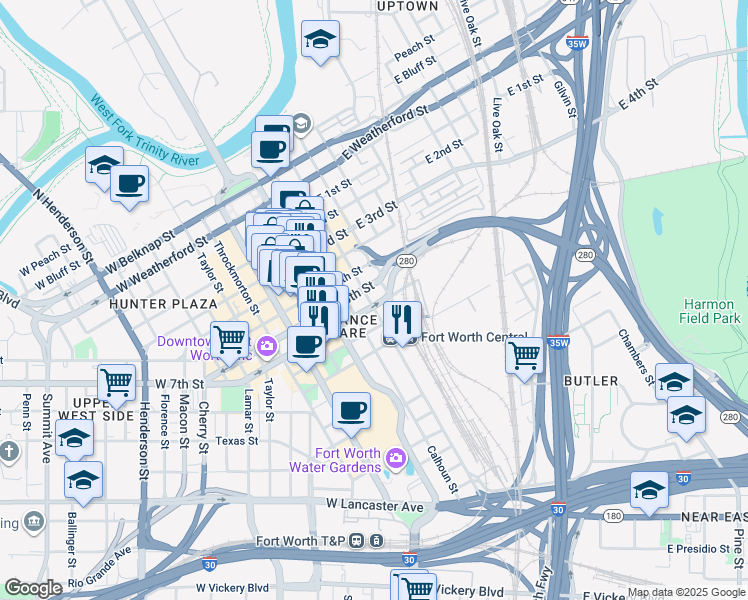 map of restaurants, bars, coffee shops, grocery stores, and more near 715 Jones Street in Fort Worth