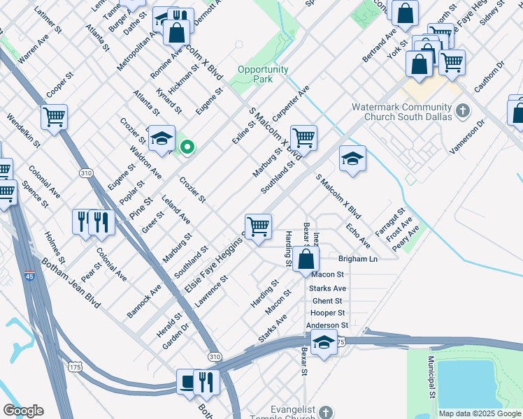 map of restaurants, bars, coffee shops, grocery stores, and more near 2621 Elsie Faye Heggins Street in Dallas
