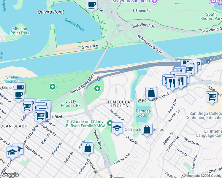 map of restaurants, bars, coffee shops, grocery stores, and more near 4362 West Point Loma Boulevard in San Diego