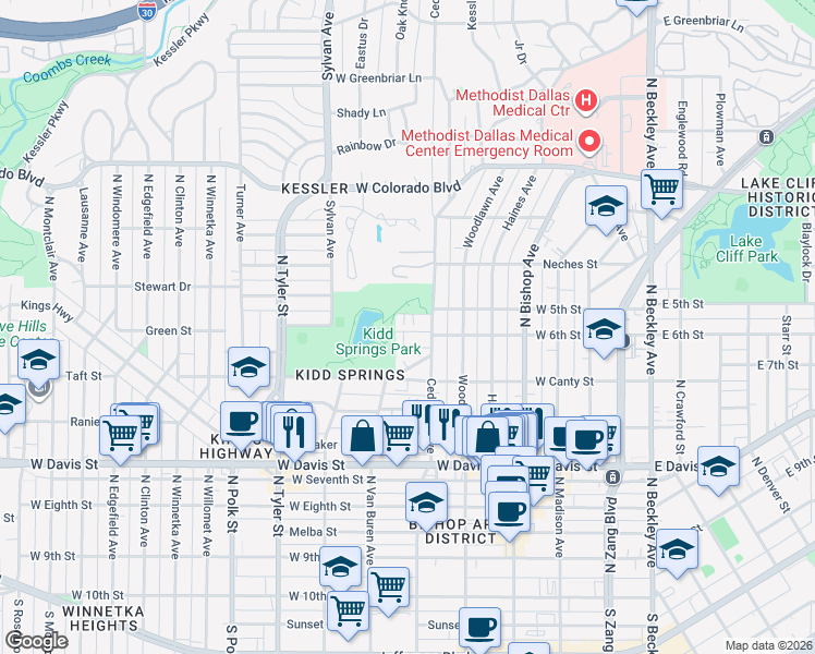 map of restaurants, bars, coffee shops, grocery stores, and more near 661 Bishop Heights Lane in Dallas