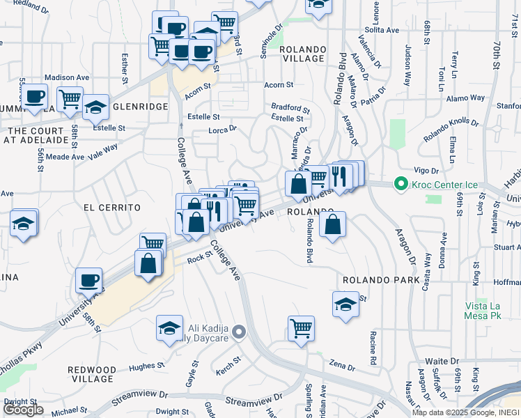 map of restaurants, bars, coffee shops, grocery stores, and more near 6222 University Avenue in San Diego