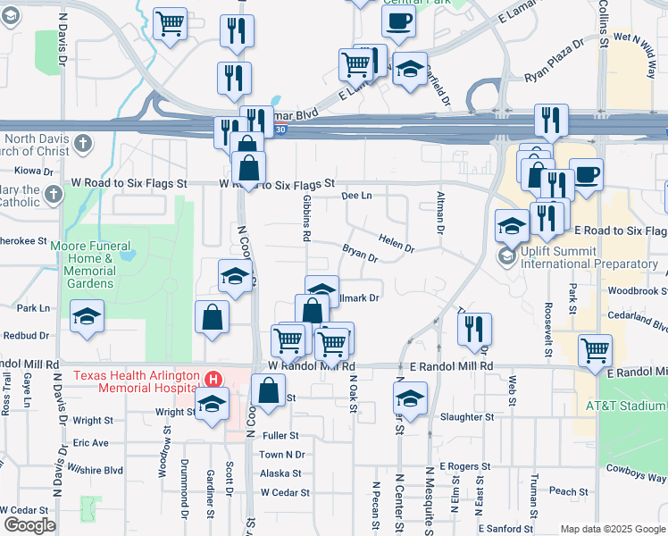 map of restaurants, bars, coffee shops, grocery stores, and more near 1212 Diana Drive in Arlington