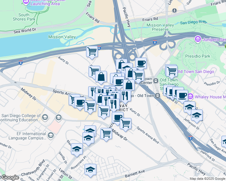 map of restaurants, bars, coffee shops, grocery stores, and more near 3776 Riley Street in San Diego