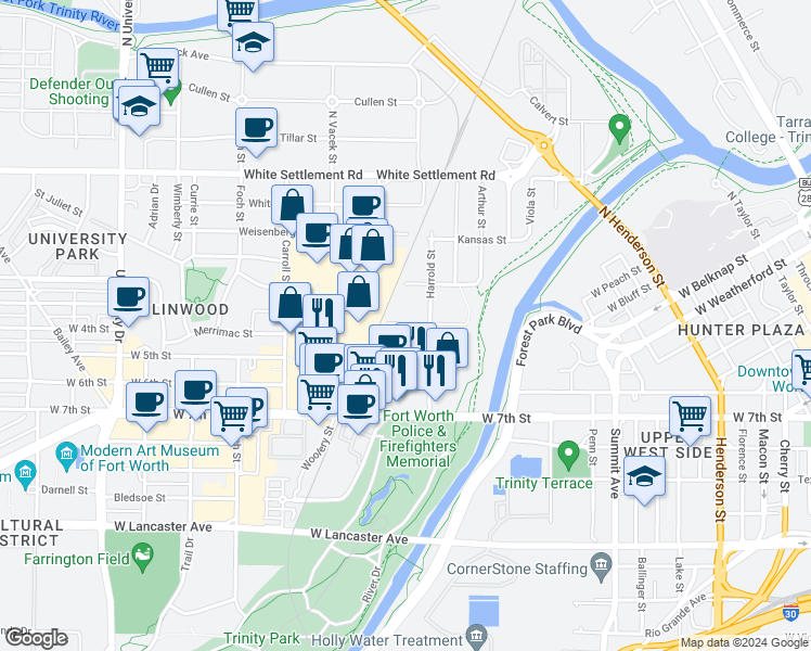 map of restaurants, bars, coffee shops, grocery stores, and more near 2222 West 5th Street in Fort Worth