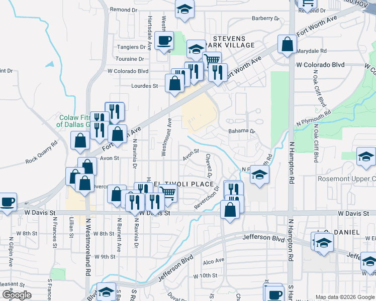 map of restaurants, bars, coffee shops, grocery stores, and more near 2743 Buna Drive in Dallas