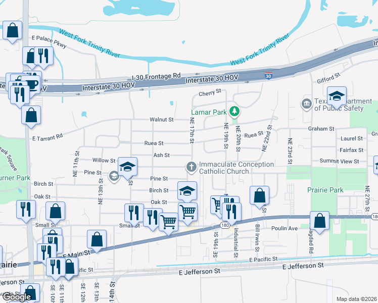 map of restaurants, bars, coffee shops, grocery stores, and more near 805 Northeast 17th Street in Grand Prairie