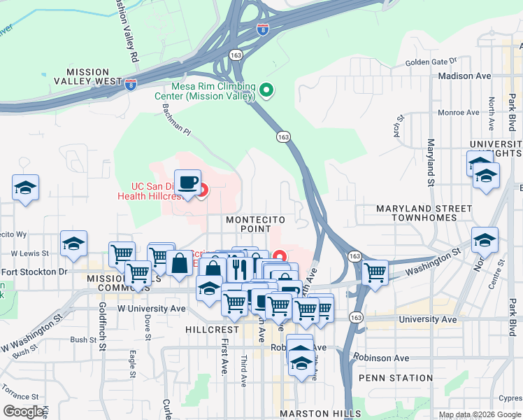 map of restaurants, bars, coffee shops, grocery stores, and more near 318 Arbor Drive in San Diego