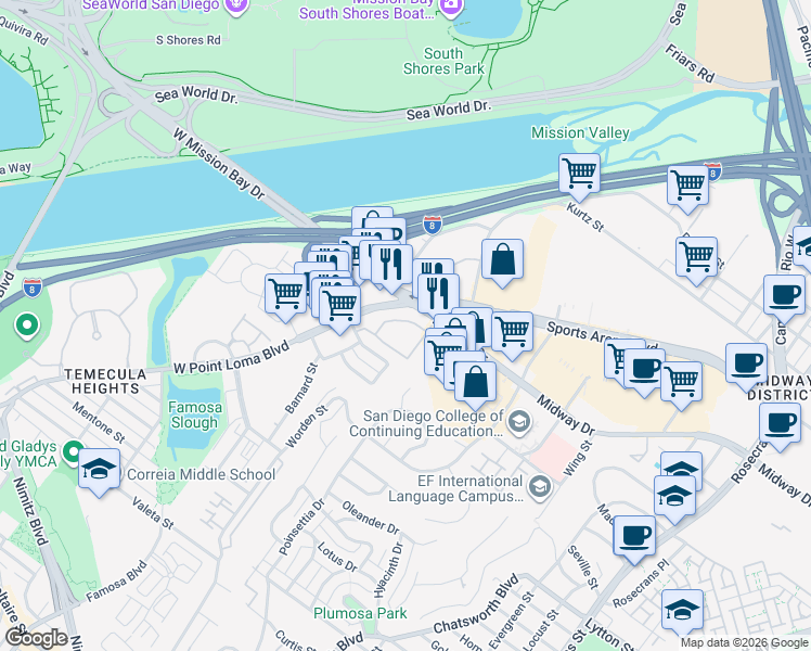 map of restaurants, bars, coffee shops, grocery stores, and more near 3889 Midway Drive in San Diego