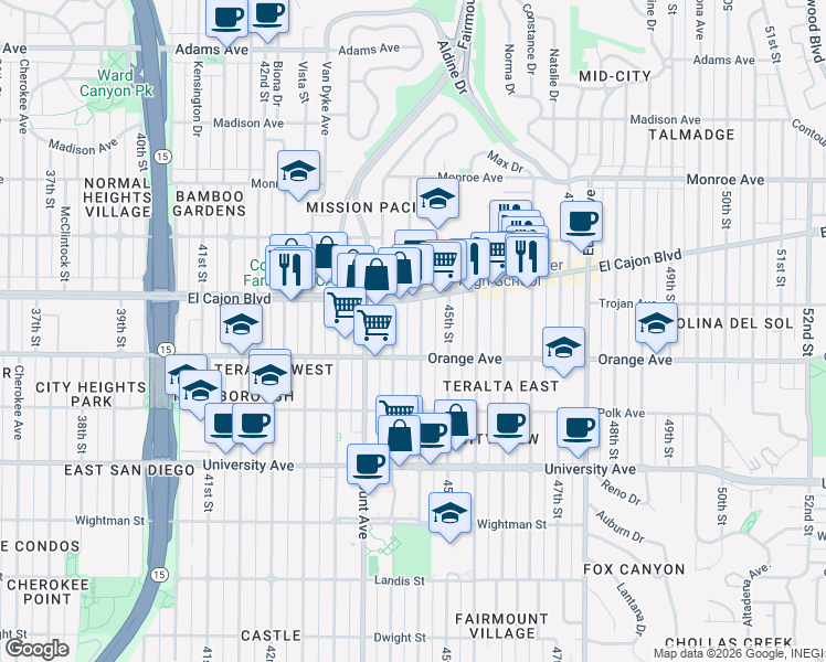 map of restaurants, bars, coffee shops, grocery stores, and more near 4244 Highland Avenue in San Diego