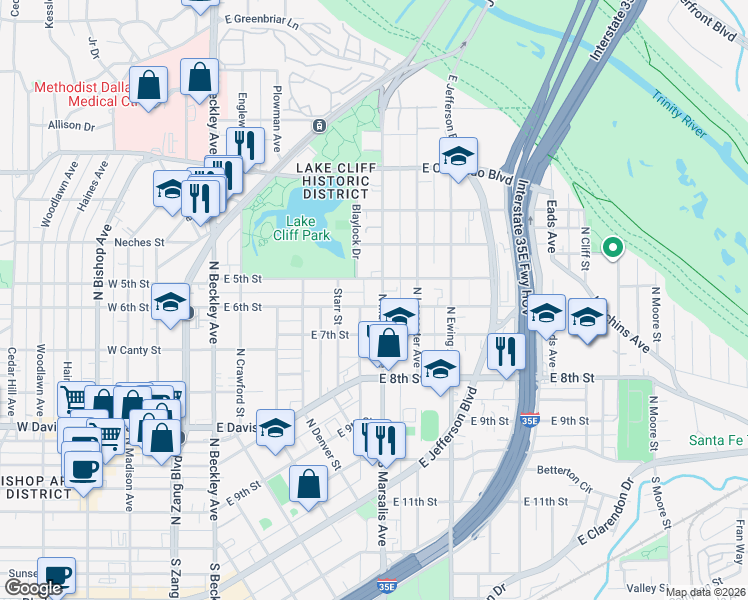 map of restaurants, bars, coffee shops, grocery stores, and more near 501 North Marsalis Avenue in Dallas