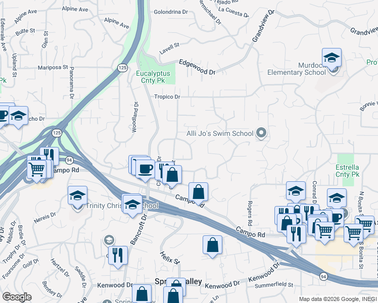 map of restaurants, bars, coffee shops, grocery stores, and more near 9240 Brookside Circle in Spring Valley