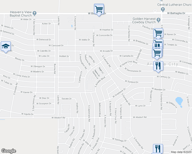 map of restaurants, bars, coffee shops, grocery stores, and more near 14010 South Amado Boulevard in Arizona City
