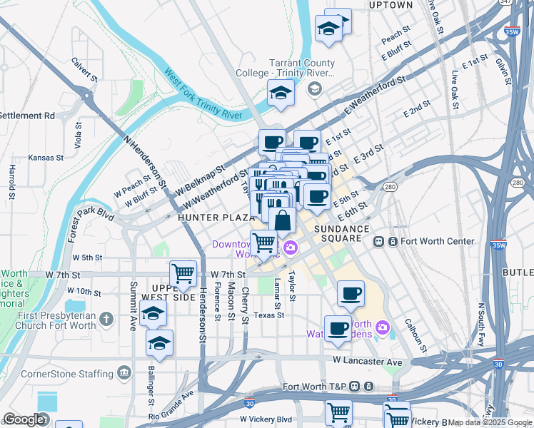 map of restaurants, bars, coffee shops, grocery stores, and more near 335 West 3rd Street in Fort Worth