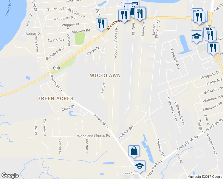 map of restaurants, bars, coffee shops, grocery stores, and more near 429 Woodland Shores Road in Charleston