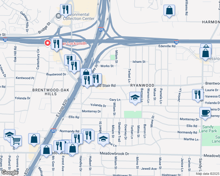 map of restaurants, bars, coffee shops, grocery stores, and more near 6814 Brentwood Stair Road in Fort Worth