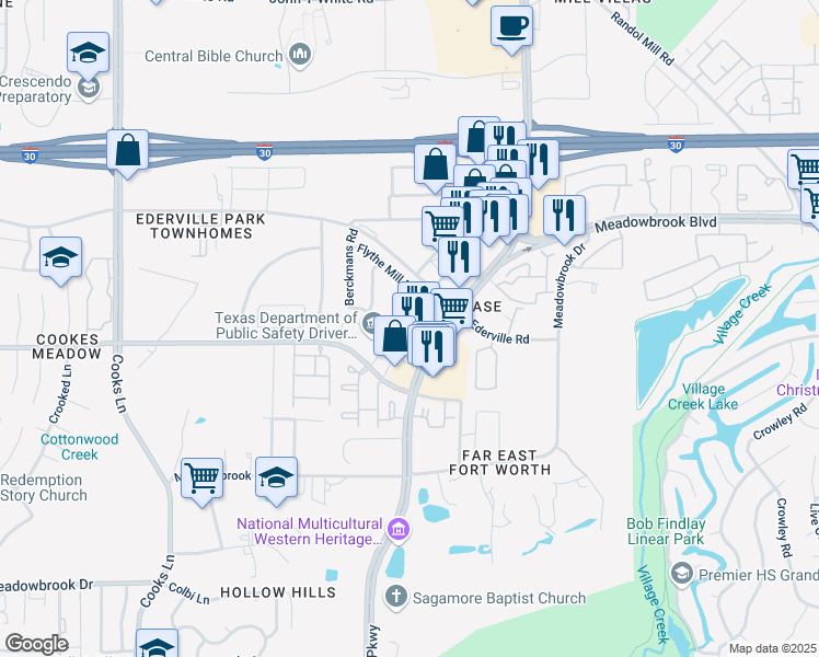 map of restaurants, bars, coffee shops, grocery stores, and more near 8300 Windsor Forest Drive in Fort Worth