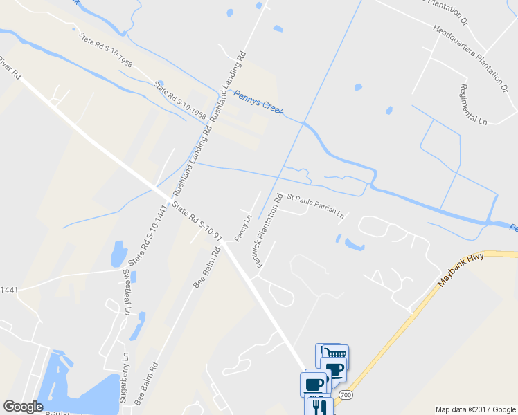map of restaurants, bars, coffee shops, grocery stores, and more near 3038 Penny Lane in Johns Island