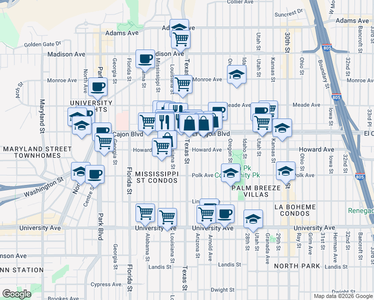 map of restaurants, bars, coffee shops, grocery stores, and more near Texas St & Howard Ave in San Diego