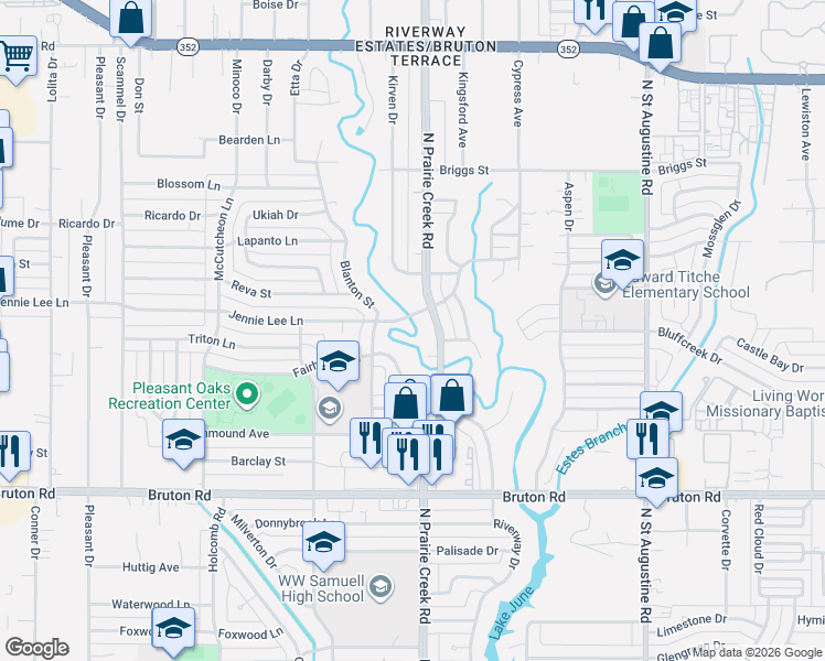 map of restaurants, bars, coffee shops, grocery stores, and more near 2415 North Prairie Creek Road in Dallas