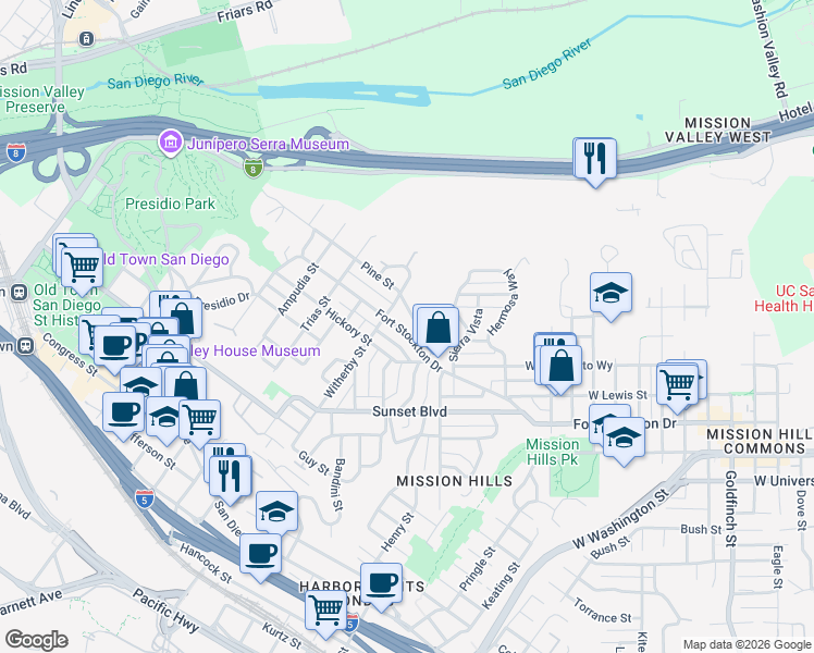 map of restaurants, bars, coffee shops, grocery stores, and more near 2114 Fort Stockton Drive in San Diego