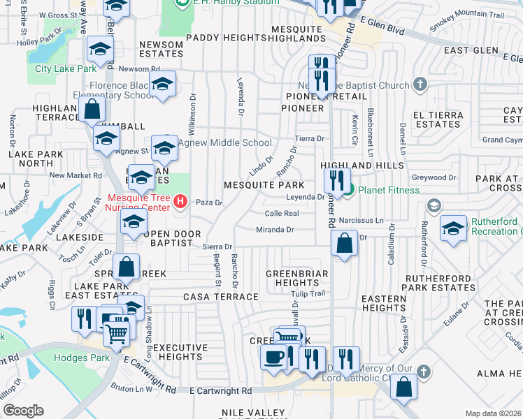 map of restaurants, bars, coffee shops, grocery stores, and more near 907 Calle Real Drive in Mesquite