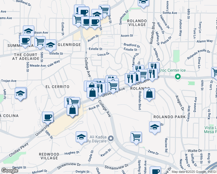 map of restaurants, bars, coffee shops, grocery stores, and more near 6139 Malcolm Drive in San Diego
