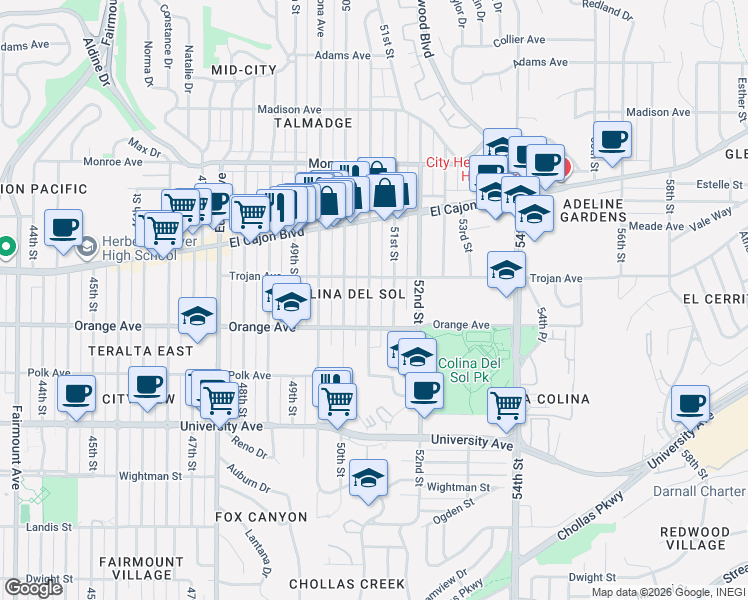 map of restaurants, bars, coffee shops, grocery stores, and more near 4253 Altadena Avenue in San Diego