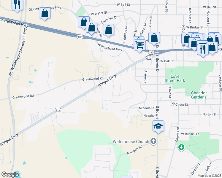 map of restaurants, bars, coffee shops, grocery stores, and more near 122 Pleasant View Drive in Weatherford