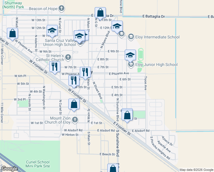 map of restaurants, bars, coffee shops, grocery stores, and more near 501 North D Street in Eloy