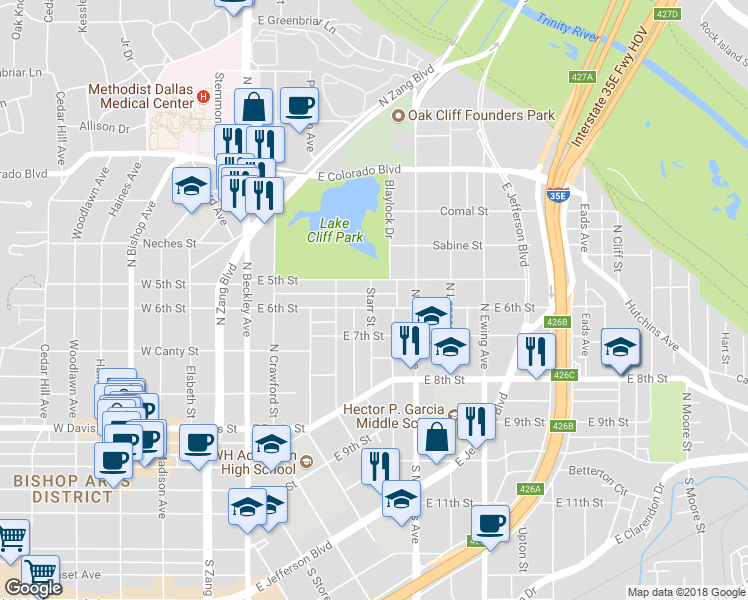 map of restaurants, bars, coffee shops, grocery stores, and more near 501 East 6th Street in Dallas